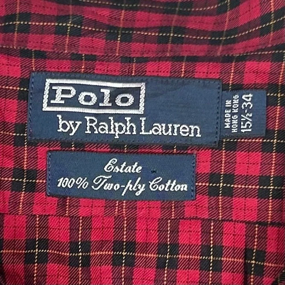 VTG Polo Ralph Lauren Estate Shirt Mens 15.5 34 Red Black Plaid 2-Ply Cotton